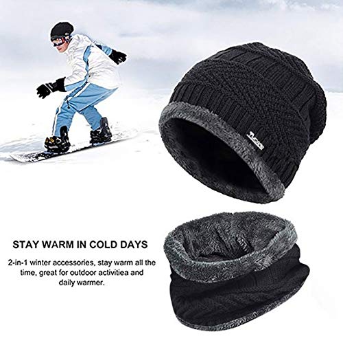 ADBUCKS Men's and Women's Snow Proof Inside Fur Wool Knit Hat Thick Fleece Lined Winter Beanie Cap with Neck Warmer Set (Beige, Free Size)