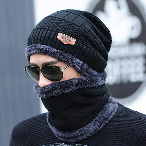 Image of ABlue Clipper Unisex Woollen with Faux Fur Inner Side Beanie Cap and Neck Muffler Winter Combo Set (Black , Free Size )
