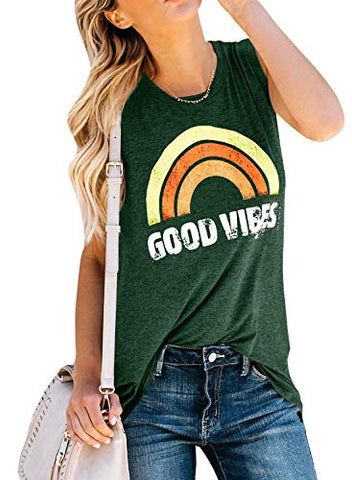 Image of Valphsio Womens Summer Good Vibes Rainbow Tank Graphic Sleeveless Shirt Tee T-Shirt