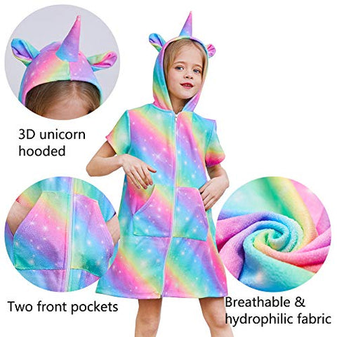 Image of FIOBEE Unicorn Cover Up for Girls Terry Hooded Cover Ups for Kids Swimsuit Beach Dress with Zipper Rainbow