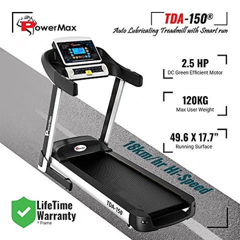 Image of PowerMax Fitness Peak Motorized Smart Run Function Foldable Auto Lubrication Spring Resistance Virtual Assistance Electric Treadmill , TDA-150 Series 5.0HP (Black and White)