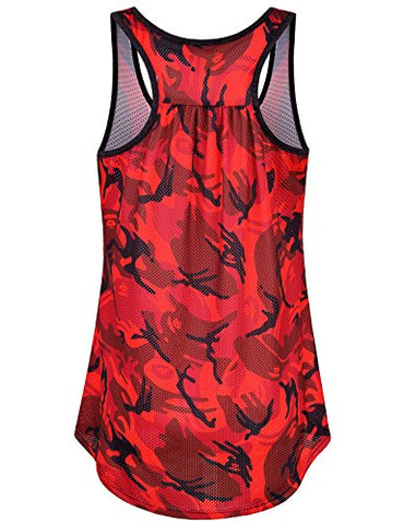 Image of Miusey Yoga Tops, Womens Mesh Workout Tanks Sleeveless Tunic Crew Neck Loose Fit Pattern Print Racerback Activewear Summer Casual Climbing Athletic Shirt Sport Clothes Camo Red M