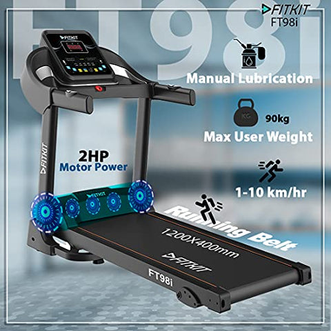 Image of Fitkit Series 1.5HP 2HP Peak DC-Motorised Treadmill FT98i, Max Speed - 10km/hr, Max Weight - 90 Kg with Home Installation and Diet and Fitness Plan (Black)