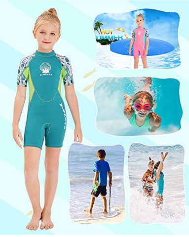 Image of Wetsuit Kids Shorty Neoprene Thermal Diving Swimsuit 2.5MM for Girls Boys Child Teen Youth Toddler, One Piece Children Rash Guard Swimming Suit UV Protection Sunsuit for Surfing (Girl Green, L)
