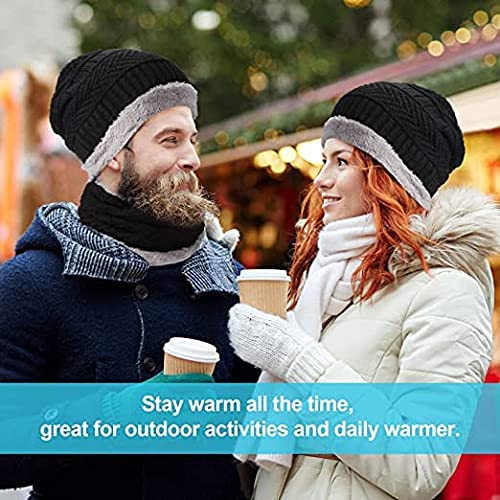 GHANIM Winter Woolen Beanie Cap Scarf and touchscreen and griping Gloves Set for Men Women Stretch Warm Fleece Lining Winter Cap (Black)