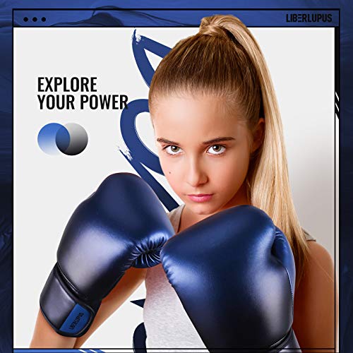 Liberlupus Youth Boxing Gloves for 10-18, Teens Boxing Gloves with Gradients, 2 Sizes, Teenagers Junior Kids Boxing Gloves for Punching Bag, Kickboxing, Muay Thai, MMA (Black Blue, 8 oz)