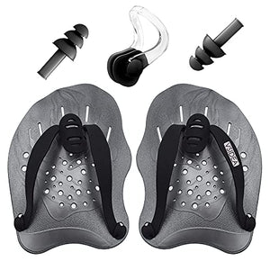 Vsidea Swim Training Hand Paddles with Ear Plugs and Nose Clip, Adjustable Straps Contour Swimming Paddles for Women Men and Children Professional Swimming Accessories (Silver)