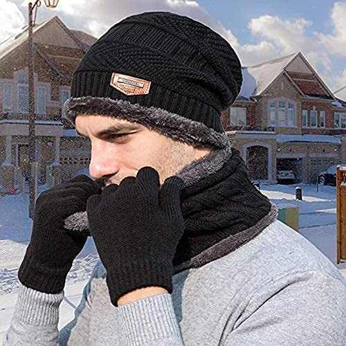 HUNTSMANS ERA Winter Knit Beanie Cap Hat Neck Warmer Scarf and Woolen Gloves Set Skull Cap for Men Women (3 Piece) (Black)