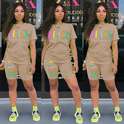 Image of Women's Lightweight Two Piece Sports Outfit Letter Printed Tracksuit Shirt Shorts Jogger Sportswear Set Activewear Apricot XL