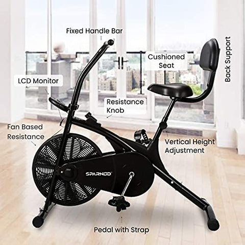 Image of Sparnod Fitness SAB-03 Upright Air Bike Exercise Cycle for Home Gym - Adjustable Resistance, Height Adjustable Seat (Do It Yourself Installation)