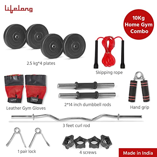 Lifelong PVC Home Gym Set 10Kg Plate 3Feet Curl Rod and Dumbbells Rods with Gym Accessories, Black