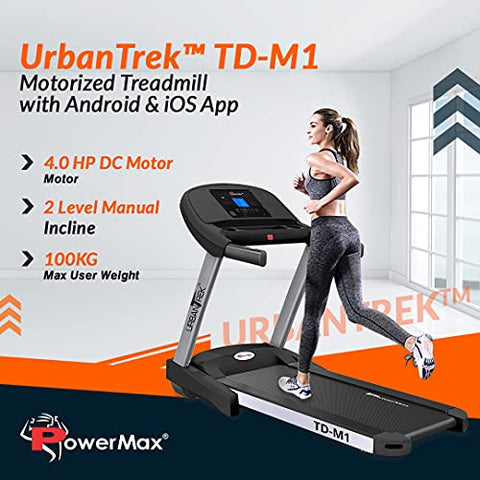 Image of PowerMax Fitness TD-M1 2HP (4HP Peak) Pre-installed Motorized Steel Treadmill, Home Use & Semi Automatic Lubrication (Black)