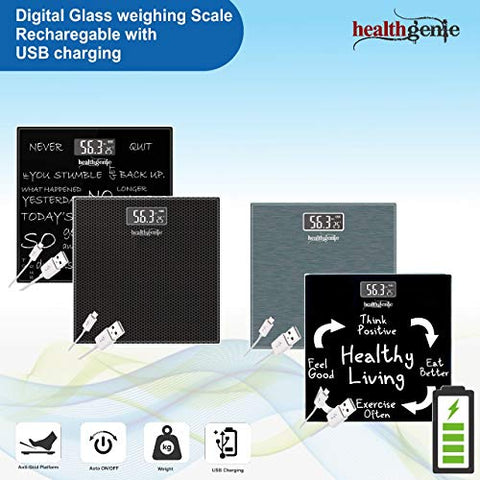 Image of Healthgenie Digital Weight Machine, Weighing Machine For Human Body Digital Weighing Scale, With USB Charging & 1 Year Warranty (Healthy Living), Black.