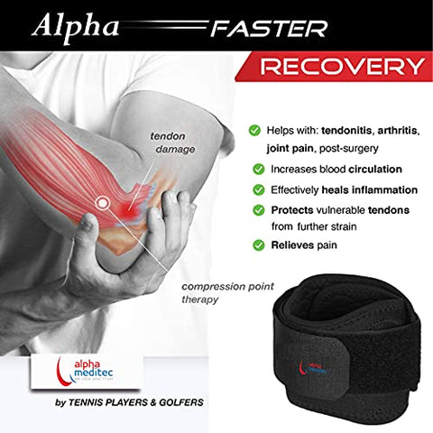 Image of Alpha Tennis Elbow Support with Pressure Point -for Elbow Pain due to Sports, Computer, Gym, Strain, Tear- Black Universal Size