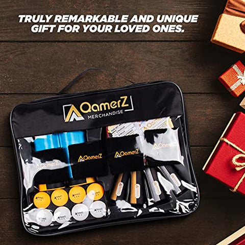 Image of AQamerZ Complete Ping Pong Paddle Set - Portable Table Tennis Kit with Retractable Net, 4 x Ping Pong Paddles, 8 Balls, 4 x Sweat Bands, Carry Case - Tabletop Pingpong Racket Equipment and Accessories