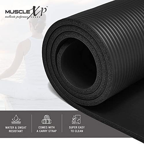 Image of MuscleXP Yoga Mat (10 mm) Extra Thick NBR Material for Men and Women, Exercise Mats with Carrying Strap for Workout, Yoga, Fitness, Pilates (Black)