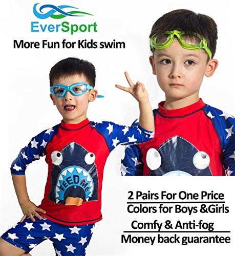 eversport goggles EVERSPORT Kids Swim Goggles 2 Pack, LightBlue & Green, Swimming Goggles for Teenagers, Anti-Fog Anti-UV Youth Swimming Glasses, Leakproof, Free Ear Plugs, one Button Open Straps, for 4-15 Y/O