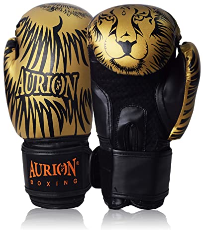 Aurion Molded Faux Leather Boxing Gloves for Muay Thai Kickboxing MMA Martial Arts Workout Grappling Dummy &Double End Ball Punching Boxing Gloves with Hand wrap 176 Inches (Golden / Black, 12 oz)