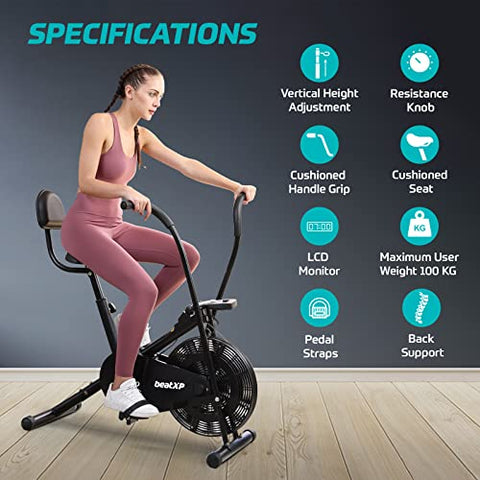 Image of beatXP Vortex Active 2M Air Bike Exercise Cycle for Home | Gym Cycle for Workout with Adjustable Cushioned Seat | Moving Handles | Back Support Full Body Workout Gym Fitness Cycle Machine With 6 Months Warranty (Black)
