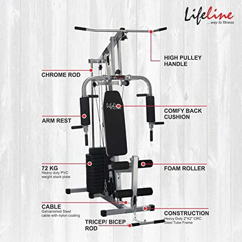 Image of Lifeline Fitness HG-002 Home Gym Machine with 72kg Weight Stack with LE-103BS Air Bike with Back Support for Complete Home Gym Setup