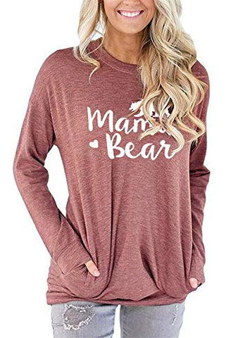 onlypuff Baggy Long Sleeve Sweatshirts for Women Pocketcs Mama Bear Casual Loose Fitting Tunics XL
