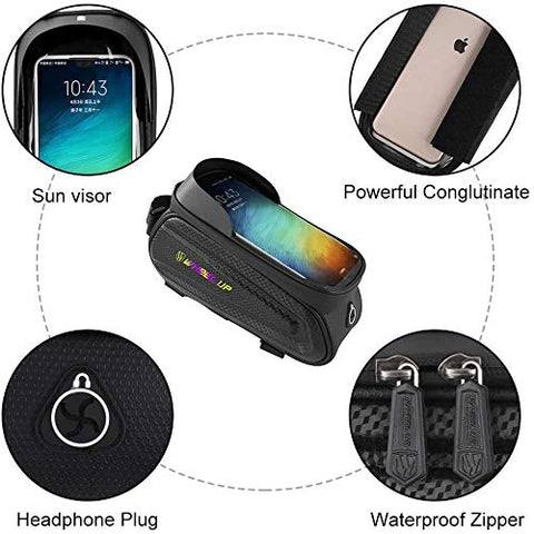 PROBEROS ® Bicycle Frame Bag Cycle Mobile Holder Waterproof with TPU Touch Screen Large Capacity EVA Pressure-Resistant Handlebar Headphone Hole, Suitable for Phone Under 7.0 Inch