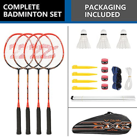 Image of Fostoy Badminton Racket Set, 4 Pack Badminton Racquets with 3 Shuttlecocks & Net, Badminton Shuttlecock Complete Sets for Professional & Beginner Players