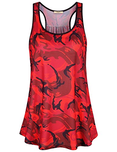 Miusey Yoga Tops, Womens Mesh Workout Tanks Sleeveless Tunic Crew Neck Loose Fit Pattern Print Racerback Activewear Summer Casual Climbing Athletic Shirt Sport Clothes Camo Red M