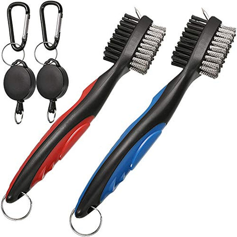 Image of Borogo Golf Club Brush Groove Cleaner, 2-Pack Golf Club Brush and Club Groove Cleaner 2 Ft Retractable Zip-line and Aluminum Carabiner Cleaning Tools