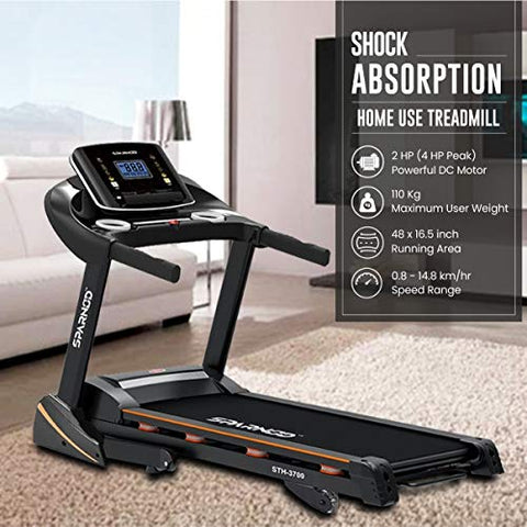 Image of SPARNOD FITNESS STH-3700 (4 HP Peak) Foldable Motorized Walking and Running Automatic Treadmill for Home Use - with Auto Incline, 8 Point Shock Absorption System - Black