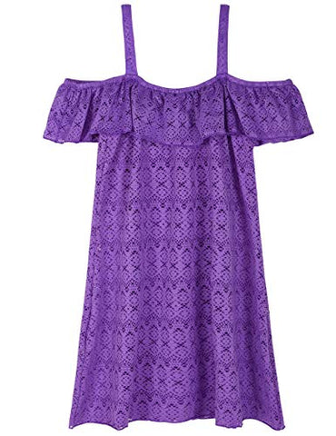 Image of Hilor Girl's Cover-ups Swimwear Off Shoulder Swimdress Ruffled Beach Dress Kids Cover Up Purple 6-7 Yrs