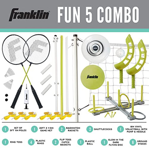 Image of Franklin Sports Fun 5 Combo Set - Badminton - Volleyball - Ring Toss - Flip Toss - Flying Disc