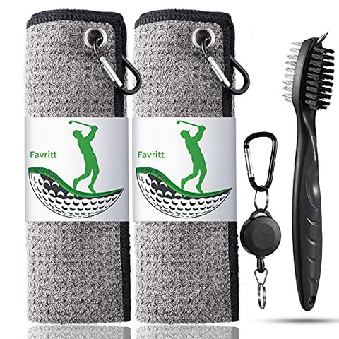 Image of Favritt Golf Towel for Golf Bag with Clip and Accessories Set Golf Cleaning Brush Golf Club Cleaner Golf Gift for Men ，Women, Children
