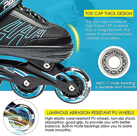 MRUD Adjustable Inline Skating Sports Shoes for Childrens Comfertable Roller Skate for Outdoor Fun with Roller Skates for 5 to 16 Yrs Boys and Girls with Blue Color