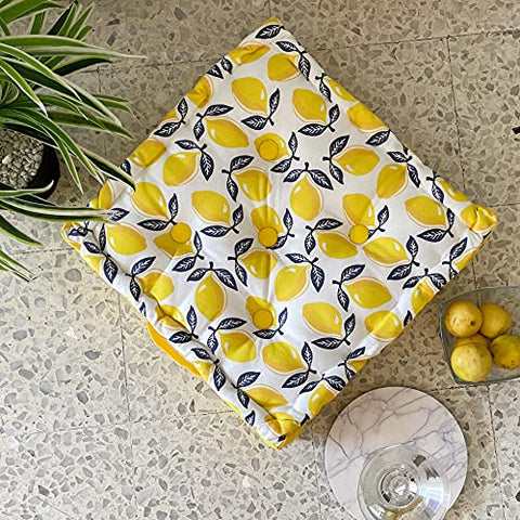 Image of PIXEL HOME DECOR © Check Cotton with Cotton Filler Square Floor Cushions for Meditation, Yoga, Pooja, Guests, Living Room, Bedroom (SQUEEZY Lemon, 40 x 40 x 8 cm)