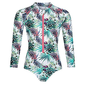 Tame the Sun Long Sleeve Swimsuit for Girls, UPF 50+, Ages 3-12 - Frills, One Piece Rashguard Swimwear (White, 3)