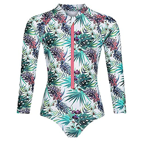 Image of Tame the Sun Long Sleeve Swimsuit for Girls, UPF 50+, Ages 3-12 - Frills, One Piece Rashguard Swimwear (White, 3)