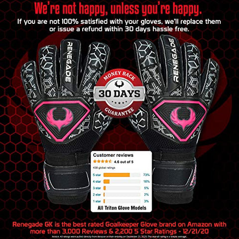 Image of Renegade GK Triton Frenzy Goalie Gloves with Pro-Tek Finger Spines | 3.5+3mm Super Grip & 4mm Duratek | Black & Pink Soccer Goalkeeper Gloves (Size 7, Youth, Roll-Neg. Hybrid Cut, Level 2)