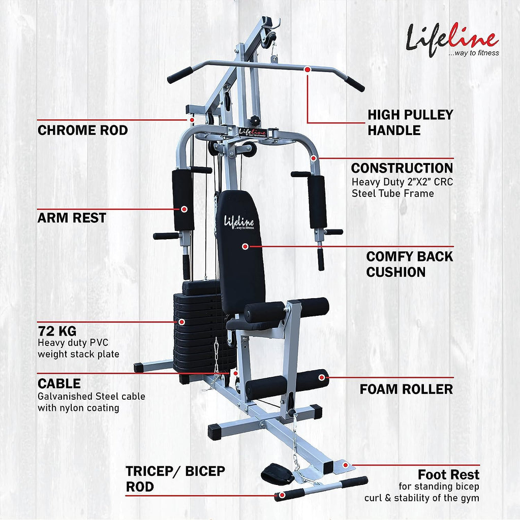 Lifeline Fitness HG-002 Home Gym Setup Combo with LB-311 Adjustable Bench (8 Levels), 60kg Weight Stack Included