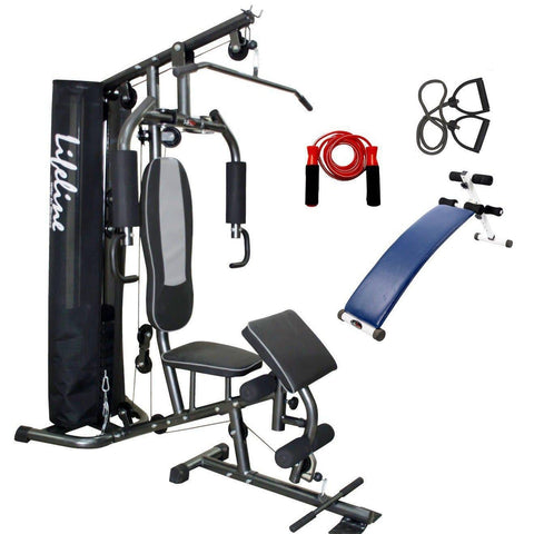 Image of Lifeline Home Gym Machine Deluxe 005 For Workout At Home Bundles With Resistance Band, Skipping Rope and Exercise Curve Bench 5501A || Available on EMI-IMFIT